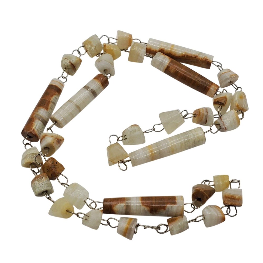 Banded Onyx Beaded Necklace Tube Nugget Long Chain Genuine Stone Beads Vintage